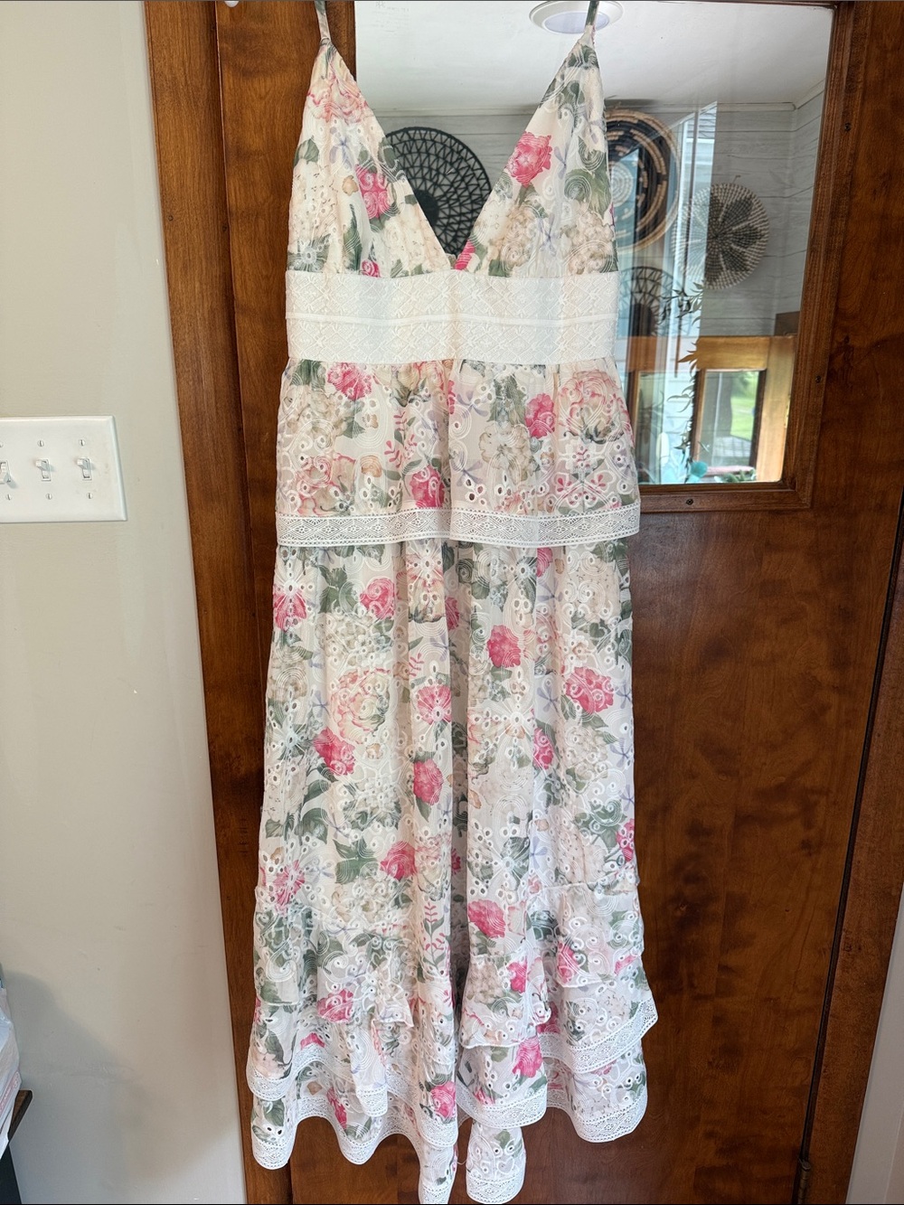 Gianni Bini Cream Floral Midi Dress with Pink and Green Accents